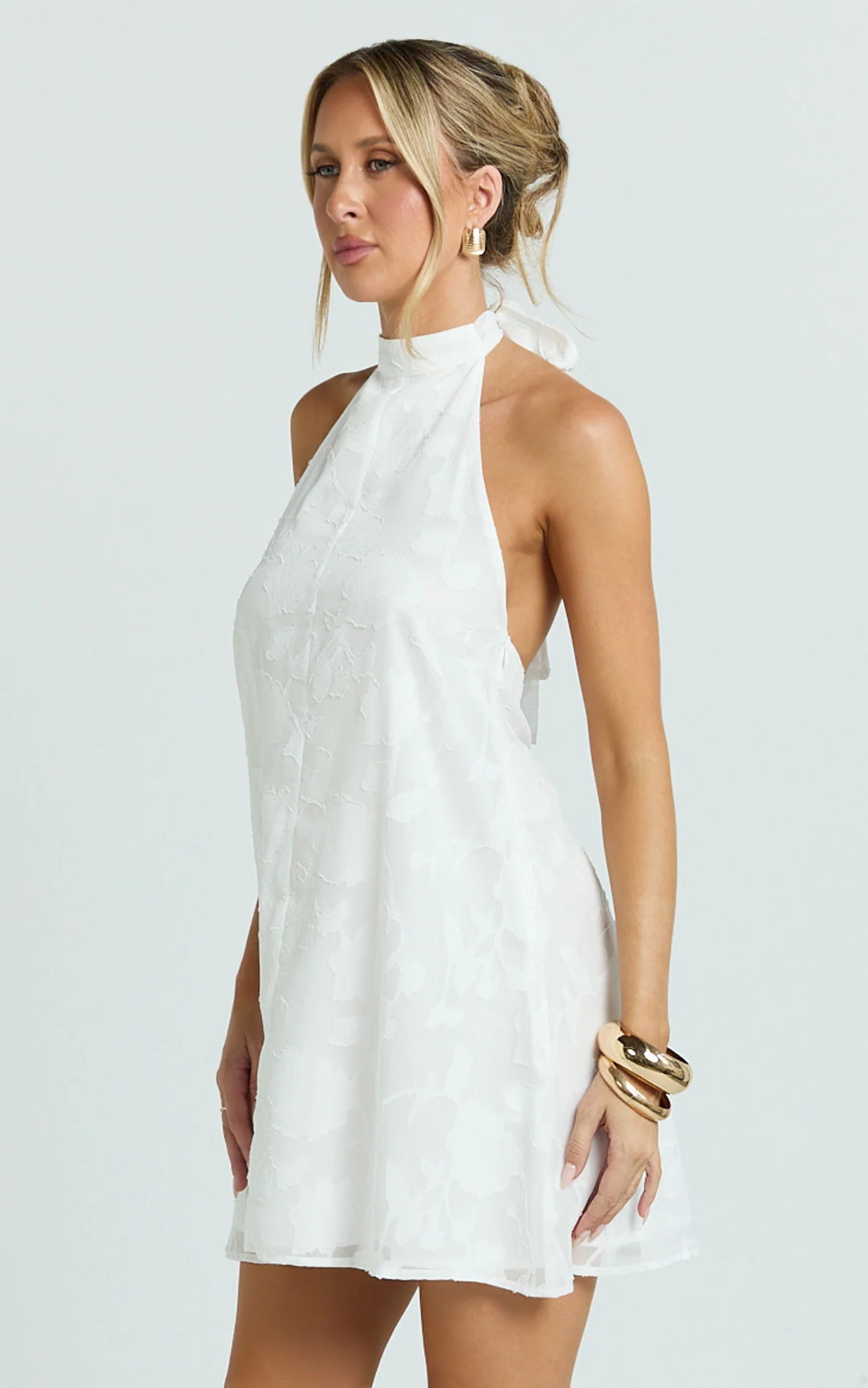 Ziva Mini Dress - Jacquard Halter A Line Dress in White - Image 4