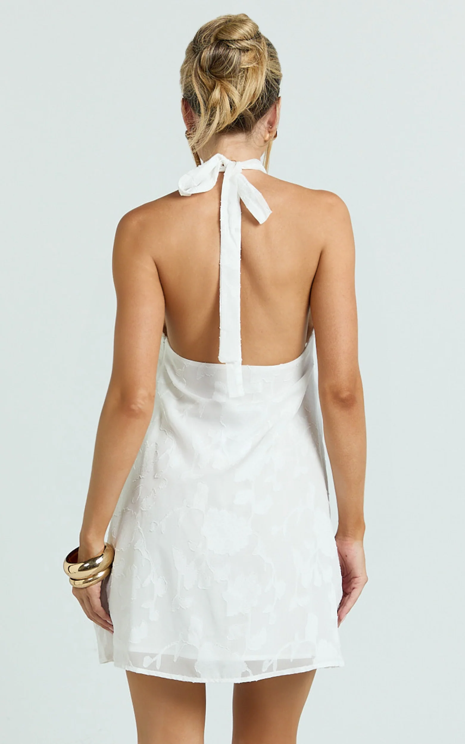 Ziva Mini Dress - Jacquard Halter A Line Dress in White - Image 5