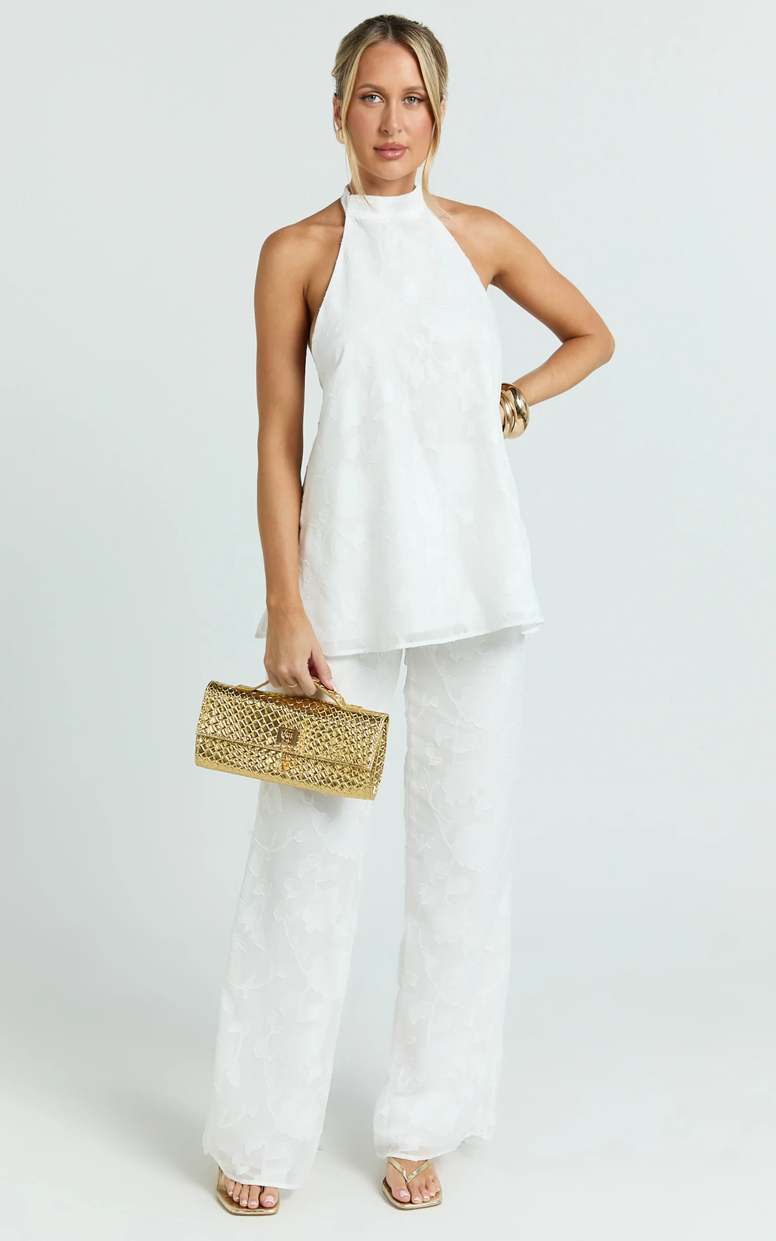 Ziva Two Piece Top and Pants Set - Halter Backless Top And Pants in White - Image 3