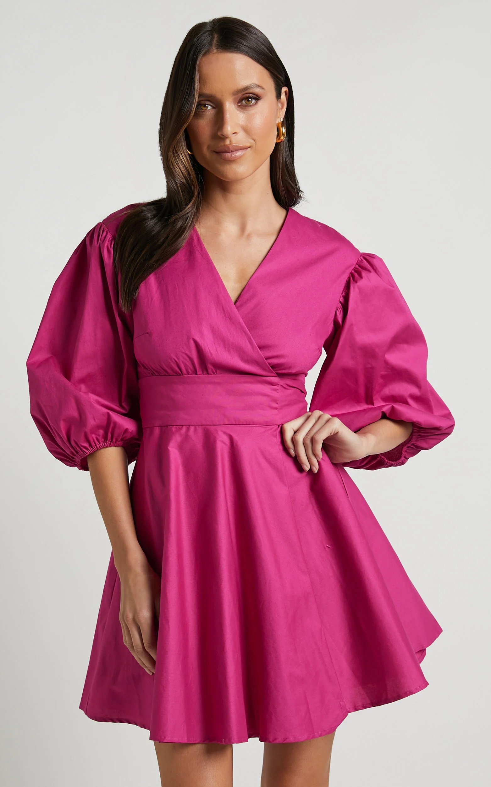 Zyla Mini Dress - Puff Sleeve Wrap Dress in Berry - Image 6
