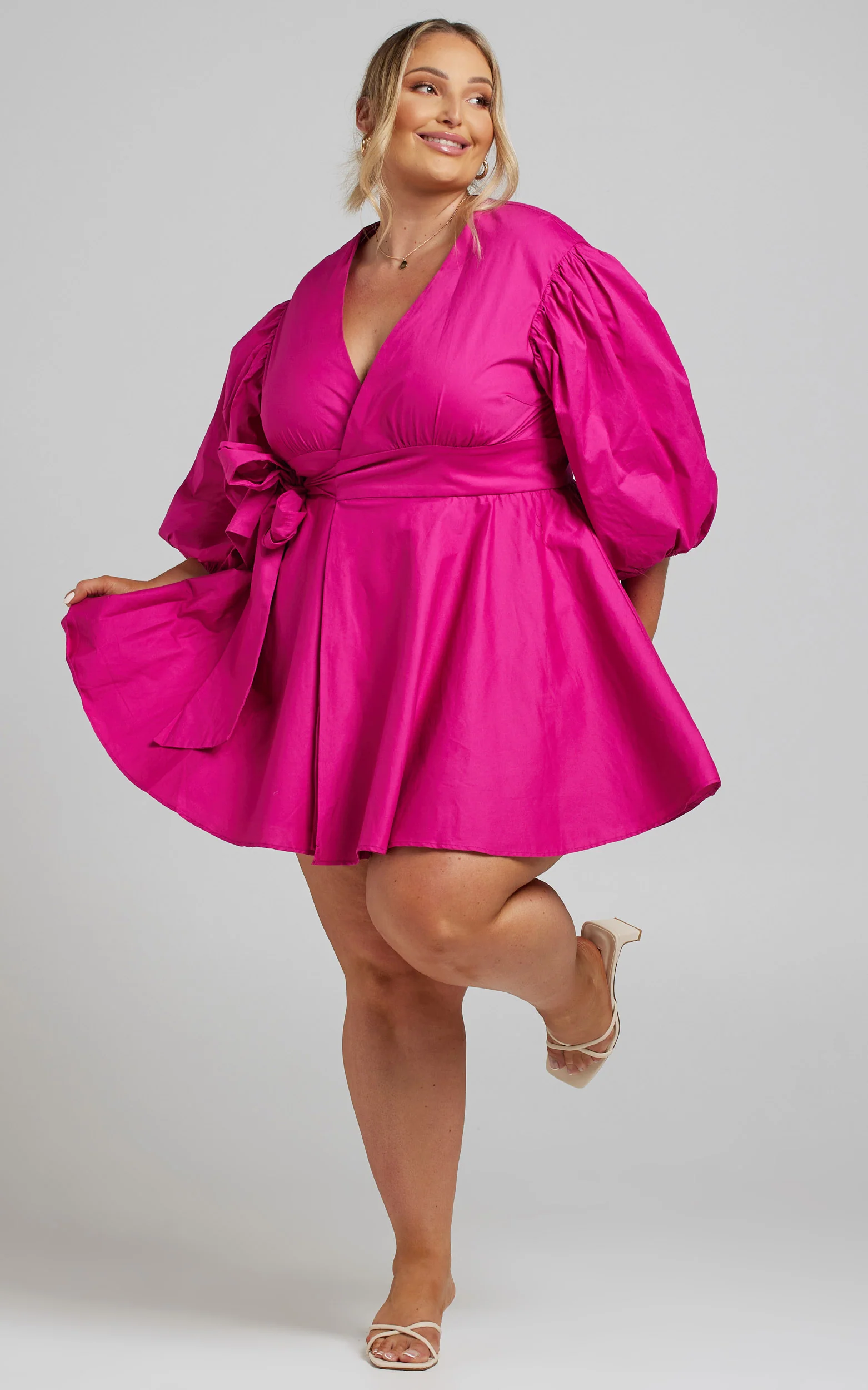Zyla Mini Dress - Puff Sleeve Wrap Dress in Berry - Image 7